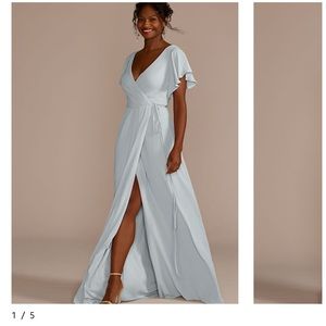 David’s bridal, dusty sage, wrap bridesmaids dress would make a great prom dress
